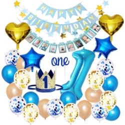 Joya Beauty® 1 Jaar Verjaardag Versiering Set Blauw | Baby | 1ste Verjaardagskroon | Happy Birthday Slinger Ballonnen | Jongen